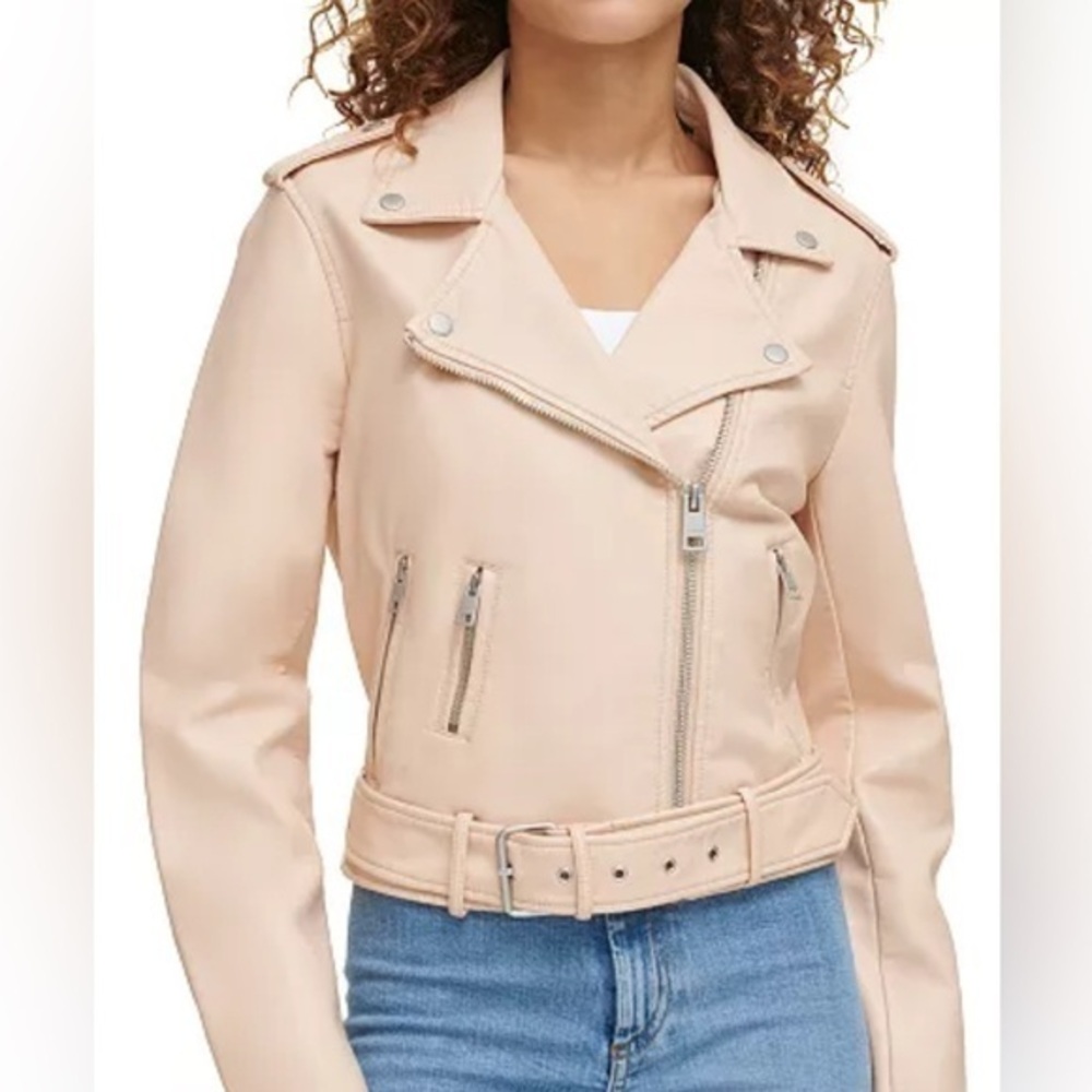 NWT LEVI’S Women's Cream Faux-Leather Belted Hem Moto Jacket Sz Large